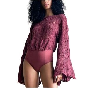 Free People Pink Long Flare Flounce Sleeve Desert Daze Crochet Bodysuit Size S